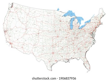 Complex USA road map with Interstates, U.S. Highways and main roads.