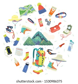 Complex vector illustration of hiking or touristic equipment. Circle shape. Mountain.   Flat cartoon handdrawn style. 