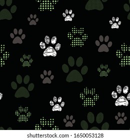 Complex vector illustration print in green, lime, white, grey. Seamless pattern with cats and dogs paw prints on black background. Perfect for gifts, wallpaper, fabric and scrapbooking.