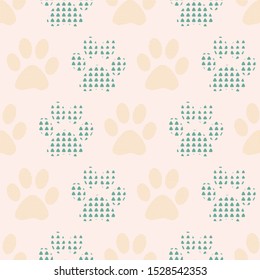 Complex vector illustration print in soft pink, yellow and green. Seamless pattern with cats and dogs paw prints on grid background. Perfect for gifts, wallpaper, fabric and scrapbooking.