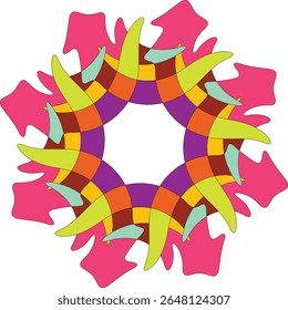 A complex and vibrant circular design with overlapping abstract shapes in pink, orange, purple, green, and blue. Dynamic and intricate.