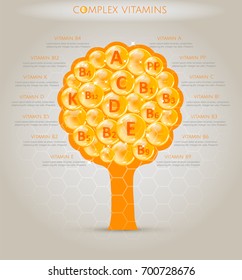 A complex of vitamins. All the necessary vitamins in set. Tree form with vitamins. Infographic vector illustration.