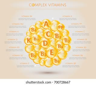 Complex of vitamins. All the necessary vitamins in set.Infographic Vector illustration.