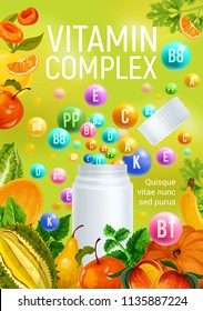 Complex of vitamins A and C with D and minerals B, P poster with fruits and vegetables. Pharmaceutical pills, dietary supplement drops with pumpkin and peach, pear and citrus fruits, apples vector