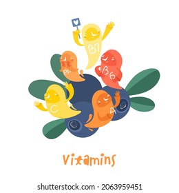 Complex vitamins. Cartoon characters in a trendy style. Healthcare, anatomy, medicine, nutrition image. Microelement sign. Creative pictogram, logotype. Vector illustration on a white background