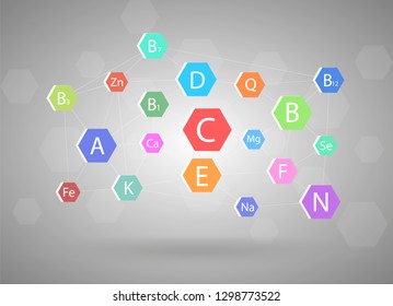 The complex of vitamins and minerals. Different vitamins concept on gray background.