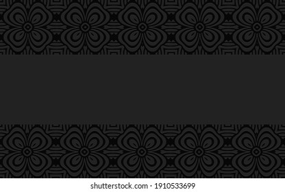 Complex volumetric convex pattern 3d with large flowers. Ethnic geometric embossed black background with horizontal inserts for wallpaper, presentations, websites.