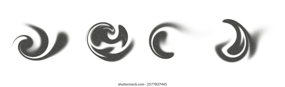 Complex vortices in various blurry forms form an abstract composition, demonstrating the dynamic interaction of noise and visual rhythm on a white background.