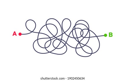 Complex way from point A to B vector illustration. Chaos simplifying, problem solving and business solution searching challenge concept. Hand drawn doodle scribble chaos path lines.