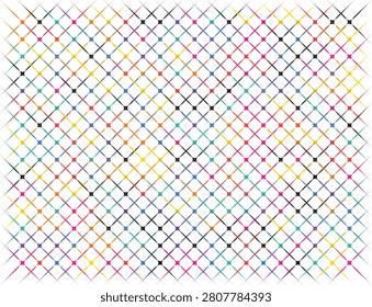 A complex web of brightly colored diagonal lines crisscrossing with small luminous dots, forming a mesmerizing and energetic grid for backgrounds.