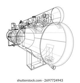 A complex wireframe illustration of industrial machinery, showcasing intricate internal components and structure. Vector. 3D Illustration