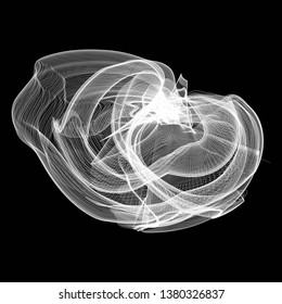 Complex wireframe structure formed by the interweaving of smoothly curved lines against black background. Vector illustration.