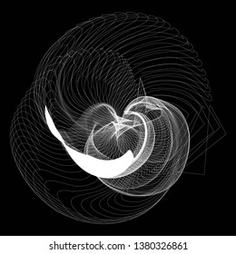 Complex wireframe structure formed by the interweaving of smoothly curved lines against black background. Vector illustration.