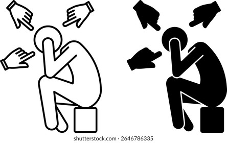 Complexes Icons. Black and White Vector Illustrations. Insecurity Imposed By Society. Upset Man Sitting With Head In Hands. Human Fingers Pointing At Anxious Man. Concept Psychology