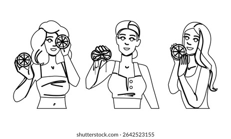 cor de pele laranja pele mulher vetor. esfoliação vitamina, casca de citrinos, textura lisa cor de pele laranja pele mulher personagem. pessoas linha preta lápis desenho ilustração