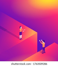 Complexity of distant romantic relationship isometric illustration - loving couple (man and woman) stands on the edge of the abyss opposite each other