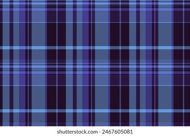 Complexity textile tartan check, dimensional fabric seamless pattern. Bedding plaid vector background texture in blue and black colors.