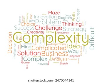 Complexity word cloud template. Confusion decisions concept vector tagcloud background.