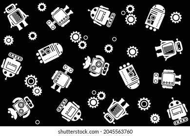 Compliance: 1980's style Robots in a black and white seamless vector pattern. These robots repeat seamlessly to make a fun, retro background. 