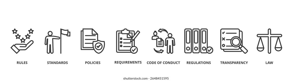 Concepto de Ilustración vectorial del Anuncio de cumplimiento con ícono de reglas, estándares, políticas, requisitos, código de conducta, regulaciones, transparencia y ley