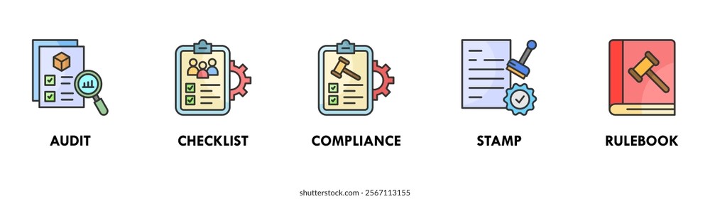 Compliance banner web icon illustration concept with icon of audit, checklist, compliance, stamp, and rulebook