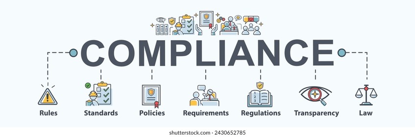 Compliance banner web icon vector illustration concept for rules, standards, organization, policies, safety, requirements, regulations, transparency and law. Minimal vector infographic.