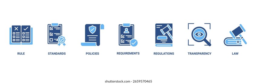 Concepto de Ilustración vectorial de íconos de Web de Anuncio de cumplimiento con íconos de reglas, estándares, políticas, requisitos, regulaciones, transparencia y leyes