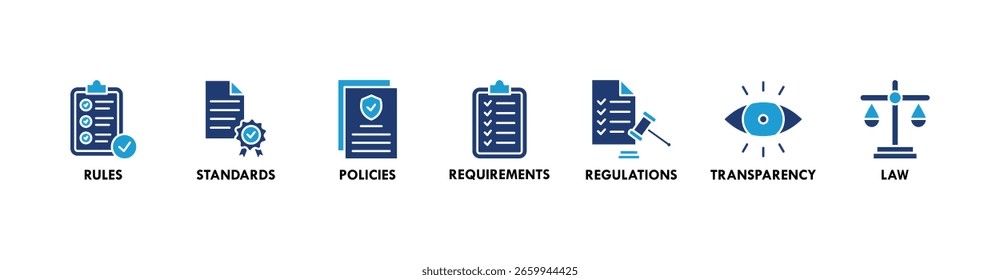 Concepto de Ilustración vectorial de íconos de Web de Anuncio de cumplimiento con íconos de reglas, estándares, políticas, requisitos, regulaciones, transparencia y leyes