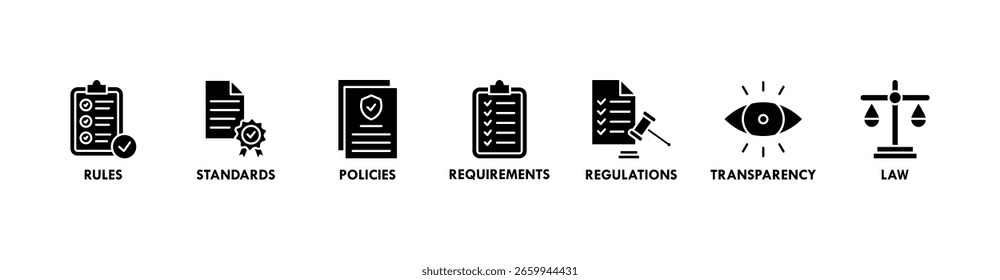 Concepto de Ilustración vectorial de íconos de Web de Anuncio de cumplimiento con íconos de reglas, estándares, políticas, requisitos, regulaciones, transparencia y leyes