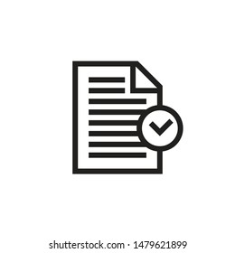 Compliance black icon design. Line style. Document with check mark sign. Vector illustration. 