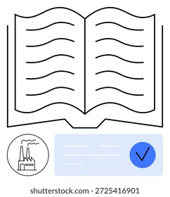 Compliance, Zertifizierung, Vorschriften, Industriestandards, Qualitätssicherung, Dokumentenmanagement. Buch mit Fabriksymbol und Häkchen öffnen. Einhaltung und Zertifizierung