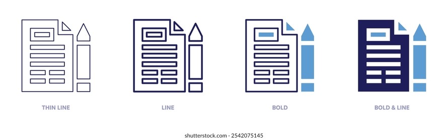 Icono de lista de verificación de cumplimiento en 4 estilos diferentes. Línea delgada, línea, negrita y línea negrita. Estilo duotono. Trazo editable.