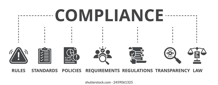 Compliance concept icon illustration contain rules, standards, policies, requirements, regulations, transparency and law.