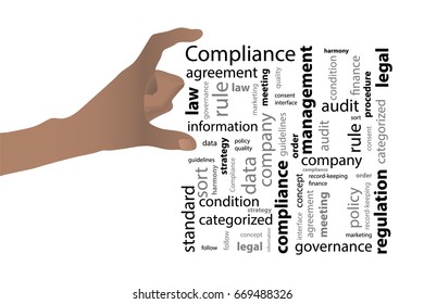 Compliance concept. Vector illustration for your design. Text on white background. Hand holding the text with two fingers