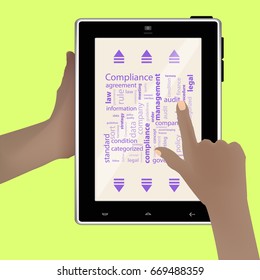 Compliance concept. Vector illustration for your design. Text on white background. A hand holds a smart tablet and points with your finger