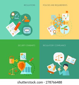 Compliance design concept set with regulations policies and requirements flat icons isolated vector illustration