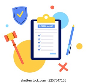 Concepto de documento de cumplimiento. Información necesaria para verificar la aplicación. Lista específica de normas. Hoja de papel con texto y lista de verificación en el portapapeles. Ilustración de vector de políticas corporativas.