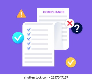 Compliance document concept. Information required to verify the implementation of a specific list of rules. Long sheet of paper with text and checklist. Corporate policy flat vector illustration.