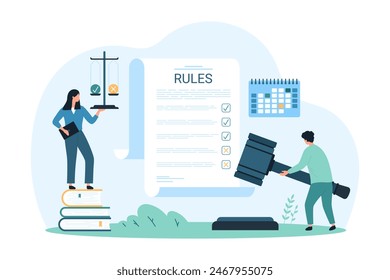 Compliance document, corporate policy, law information and regulatory checklist. Tiny people with justice scales and gavel control list of terms and rules for regulation cartoon vector illustration