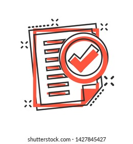 Compliance document icon in comic style. Approved process vector cartoon illustration on white isolated background. Checkmark business concept splash effect.