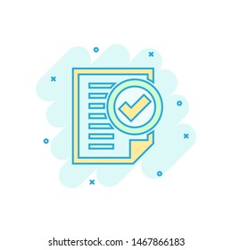 Compliance document icon in comic style. Approved process vector cartoon illustration on white isolated background. Checkmark business concept splash effect.