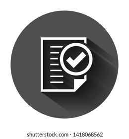 Compliance document icon in flat style. Approved process vector illustration on black round background with long shadow. Checkmark business concept.