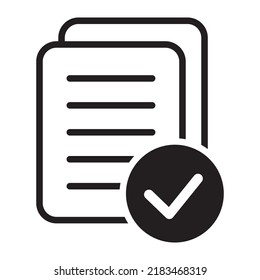 Das Compliance-Dokument-Symbol im flachen Stil. Genehmigte Prozess-Vektorgrafik auf weißem, isoliertem Hintergrund. Prüfzeichen-Geschäftskonzept