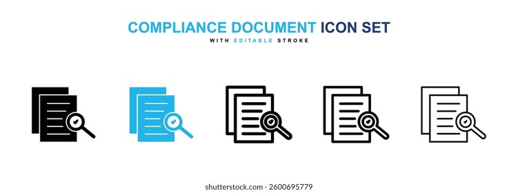 Compliance document icons graphics set in black and blue colors