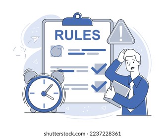 Concepto de ingeniero de cumplimiento. El hombre mira las reglas y a la vez, la ineficiente organización del proceso de trabajo y la mala gestión del tiempo. Afiche o cartel para el sitio web. Dibujo vectorial plano de dibujos animados