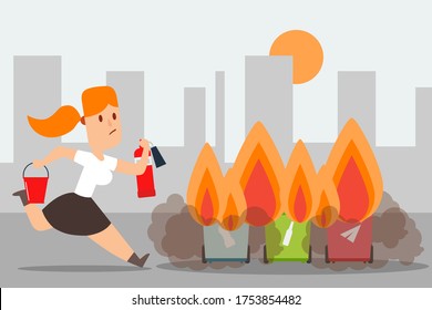 Compliance with fire safety outside, trash can arson vector illustration. Girl run to extinguish flame with fire extinguisher, bucket sand. Separate garbage container burn, danger in residential area.