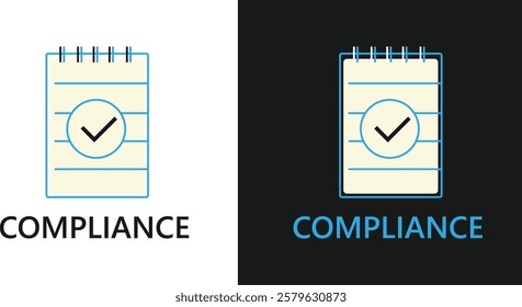 Compliance Flat vector illustration notepad icon with checkmark symbolising data protection in light and dark mode variations.	