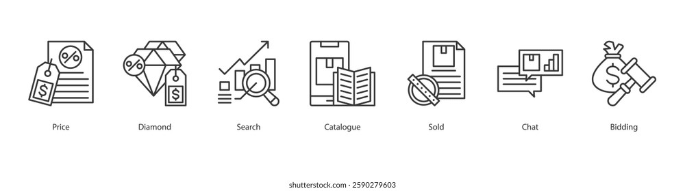 Compliance Framework Icon Sheet price, diamond, search, catalogue, sold, chat, bidding