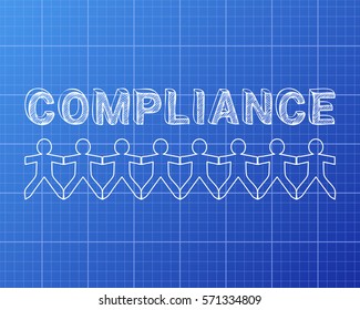 Compliance hand drawn text and cut out paper people chain on blueprint background
