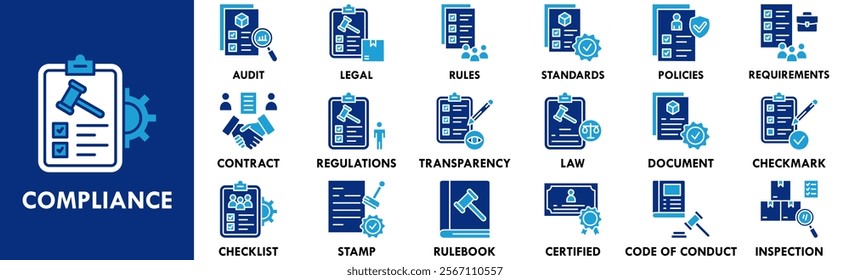 Compliance icon collection set. Containing design compliance, management, business, control, risk